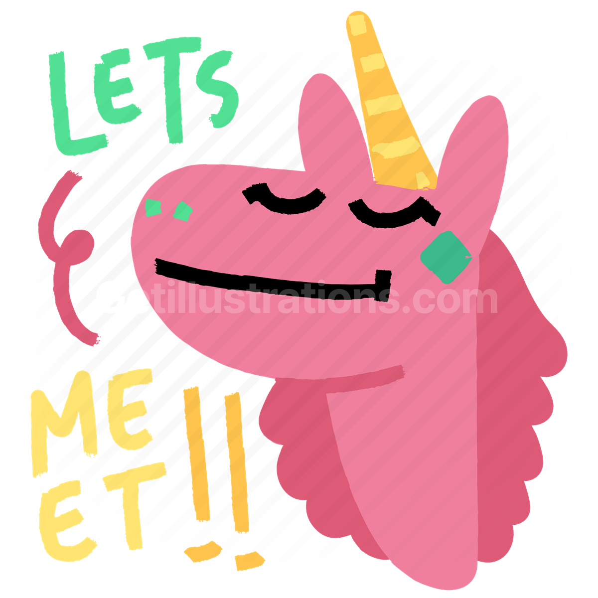 unicorn, sticker, character, lets meet, greeting, smile